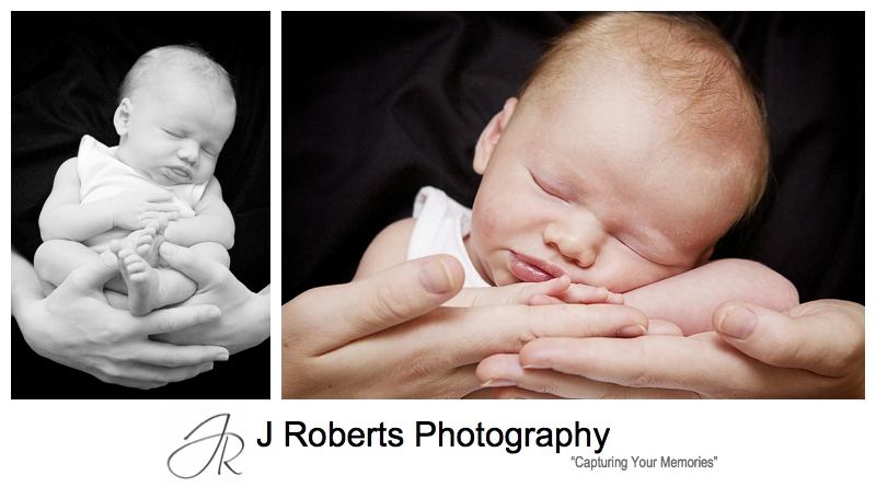 Newborn baby sleeping in mothers hands - sydney baby portrait photographer 